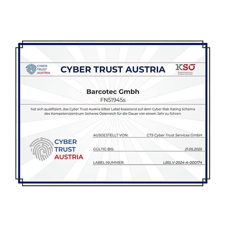 Cyber Trust Austria Silber Label für Barcotec Cyber Trust Austria Silber Label für Barcotec